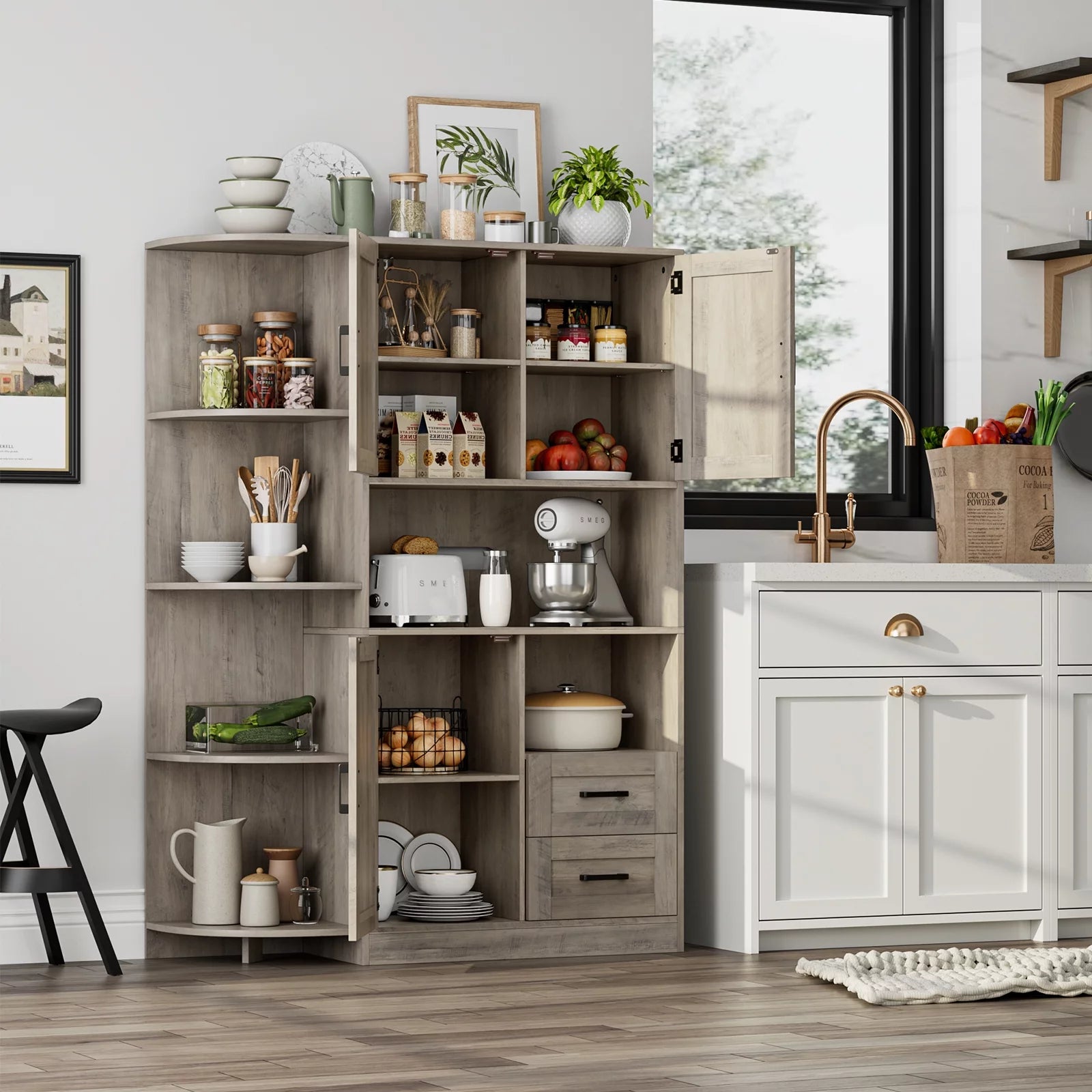 Large Kitchen Pantry with Adjustable Shelves, Tall Storage Cabinet, Wash Gray B22765