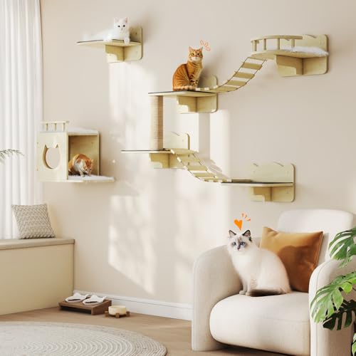 Wooden Wall-Mounted Cat Shelves with Scratching Post O719081