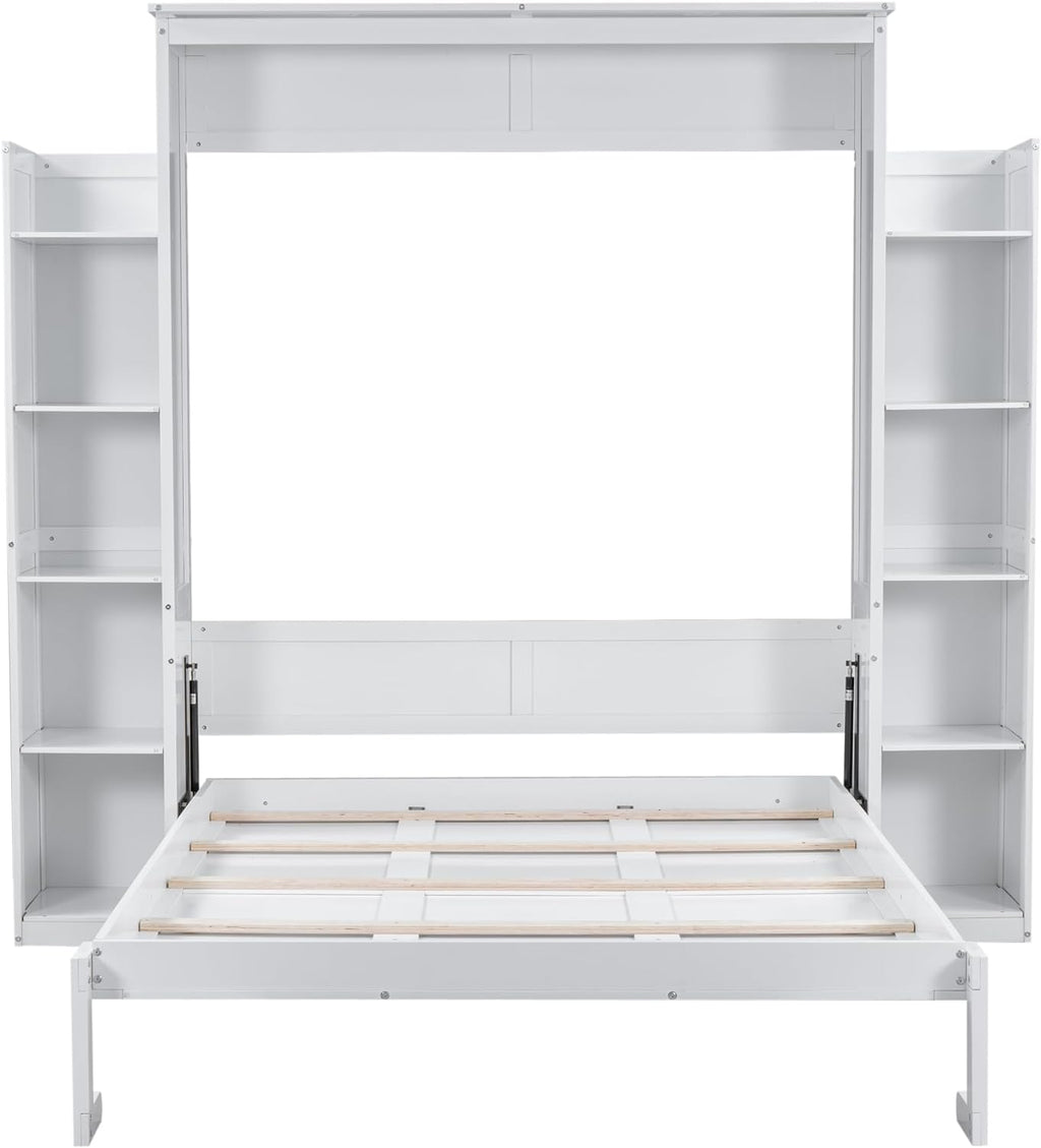 White Queen Size Wooden Murphy Bed with Shelves and LED Lights Z360166