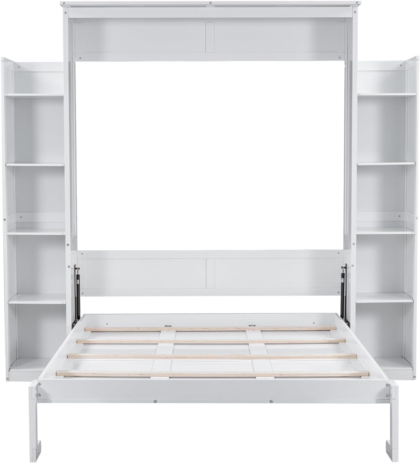 White Queen Size Wooden Murphy Bed with Shelves and LED Lights Z360166