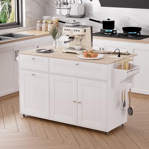White Rolling Kitchen Island with Drop Leaf and Power Outlet Y441