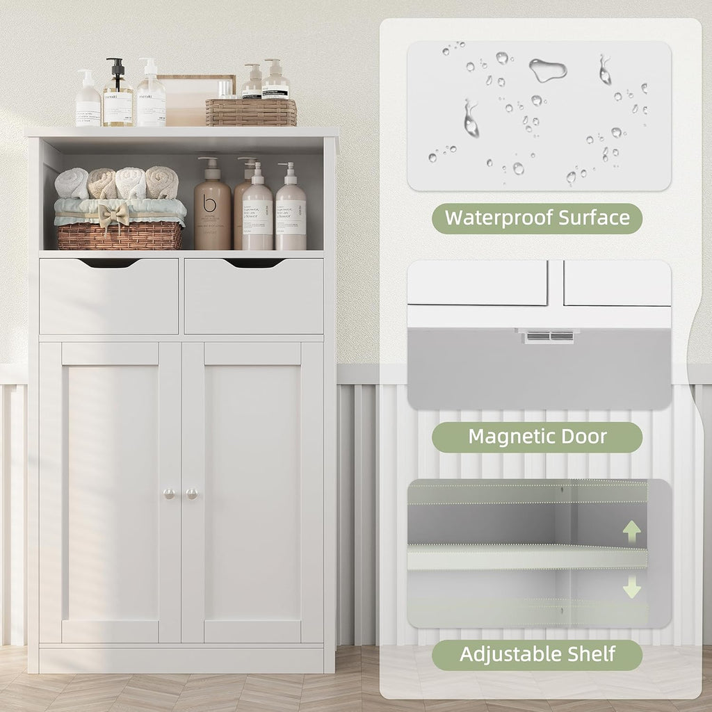 White Floor Storage Cabinet with Doors and Drawers and Adjustable Shelf Y7459
