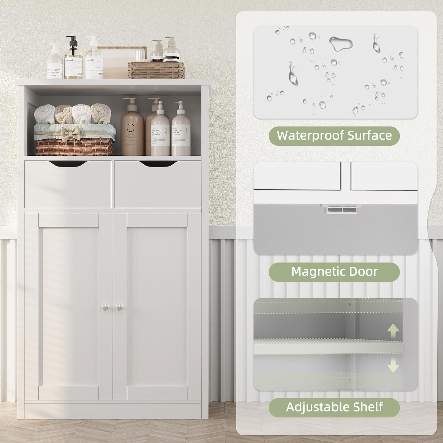 White Floor Storage Cabinet with Doors and Drawers and Adjustable Shelf Y7459