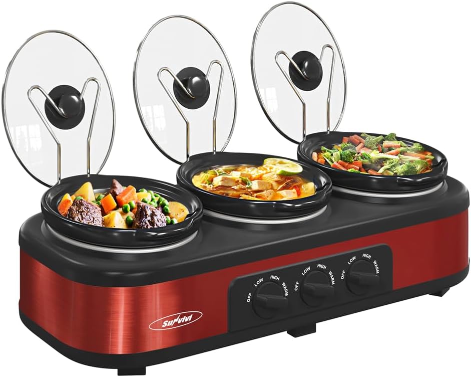 Red Triple Slow Cooker, 3 x 1.5 Quart, Stainless Steel, 4.5 QT F172292