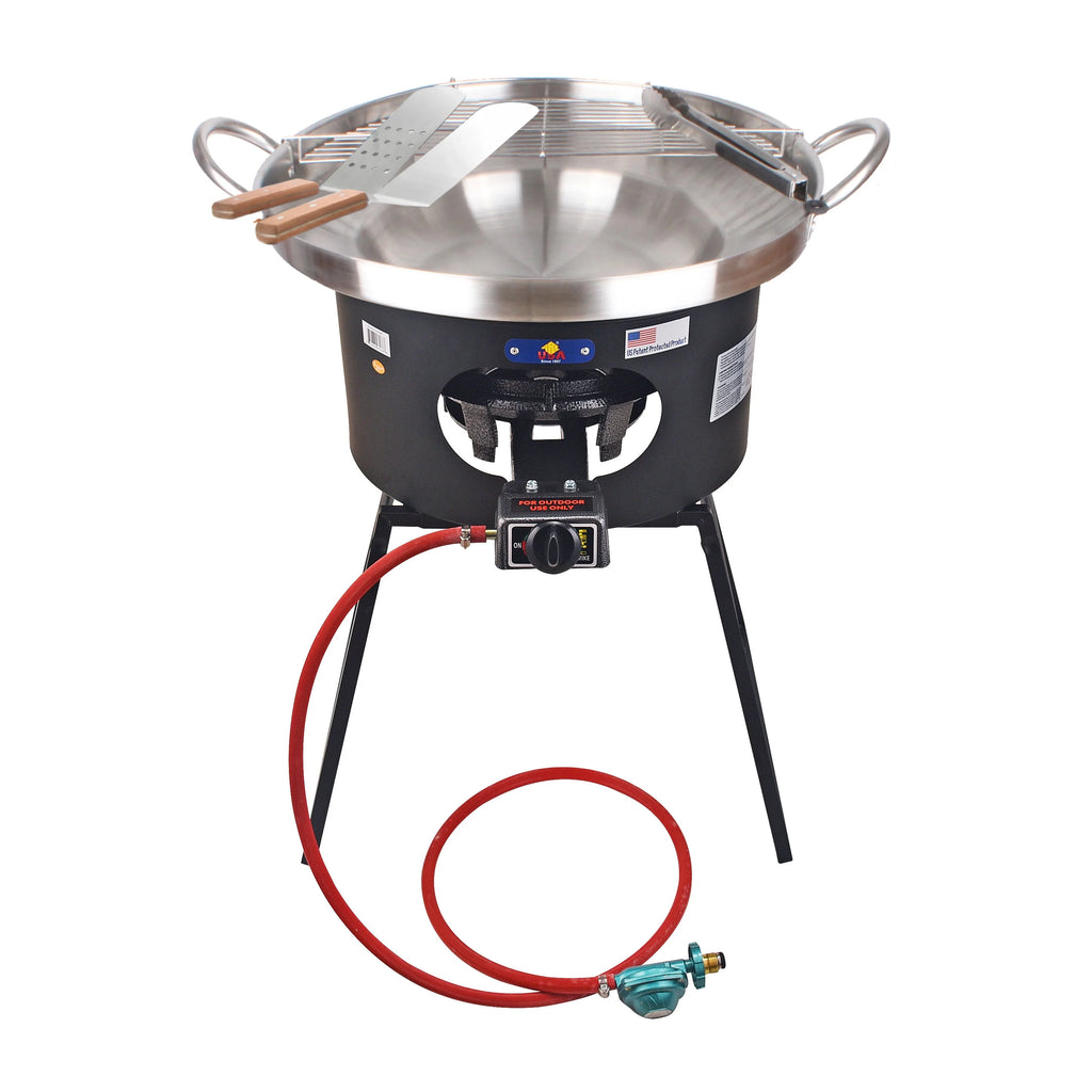 23" Heavy Duty Stainless Steel Concave Comal Set With Cast Iron Propane Burner Stove and Burner Stand W424
