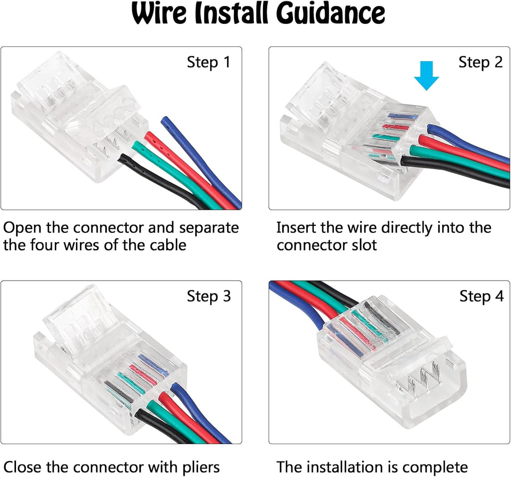 10 Pack 4 Pin LED Connector for 10mm RGB 5050 LED Strip Lights with 16.4ft Extension Cable C967