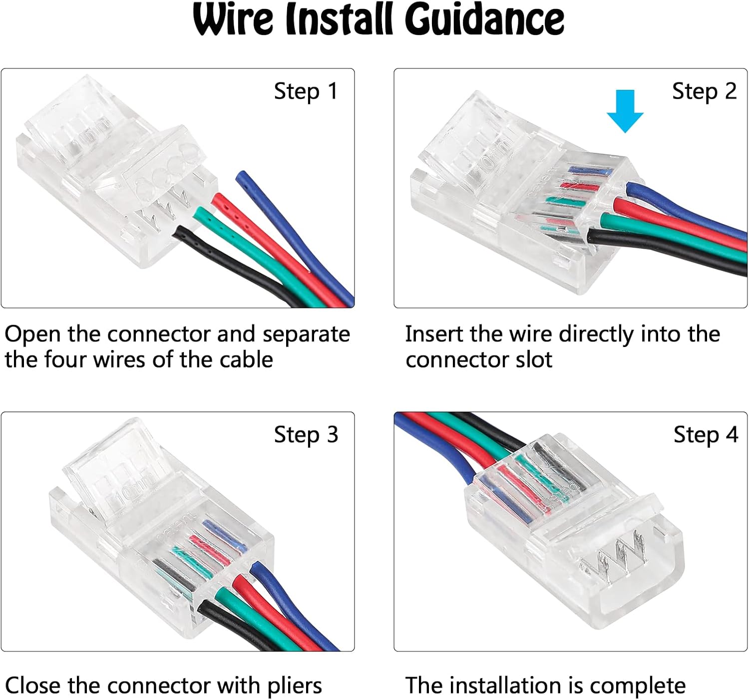 10 Pack 4 Pin LED Connector for 10mm RGB 5050 LED Strip Lights with 16.4ft Extension Cable C967