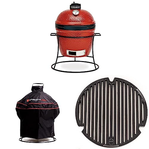 13.5-inch Portable Ceramic Charcoal Grill with Grill Stand, Stainless Steel Cooking Grate, Heat Deflectors and Ash Tool in Red K576147