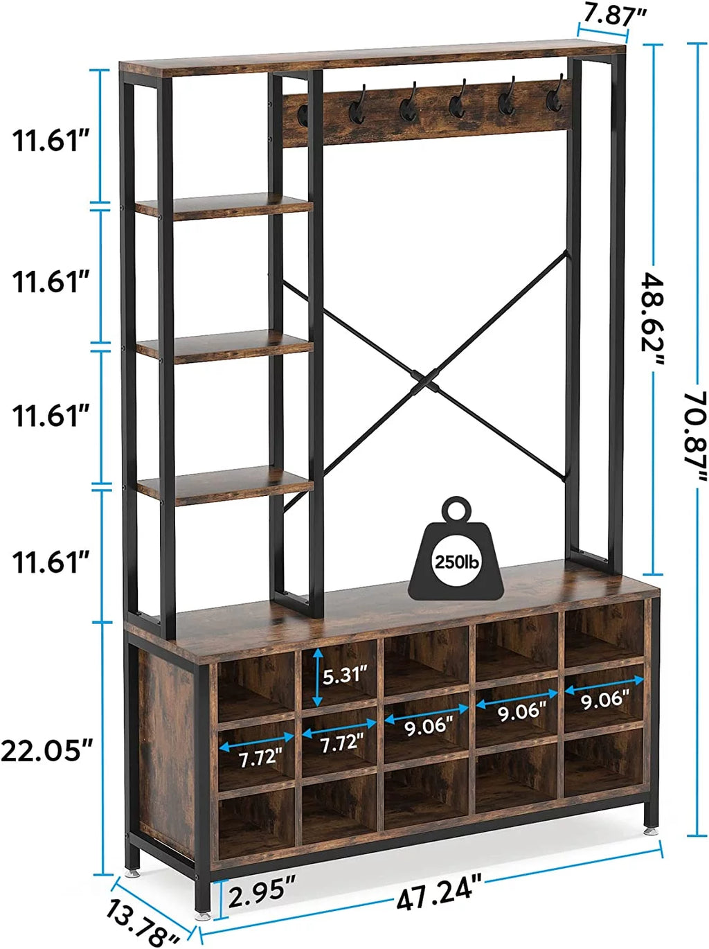Industrial Hall Tree with Bench and Shoe Storage and Coat Rack P3012