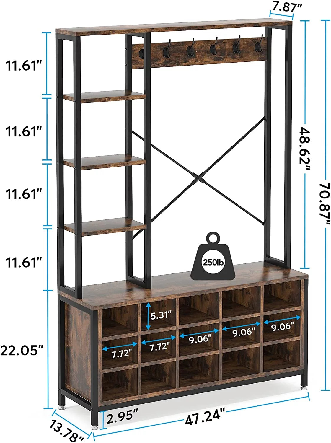 Industrial Hall Tree with Bench and Shoe Storage and Coat Rack P3012