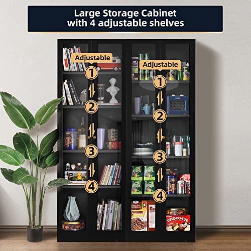 Black Metal 2 Door Glass Curio Cabinet with Adjustable Shelves 5 Tier Bookcase F79649