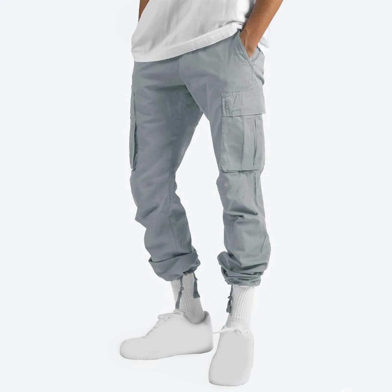 Mens Cargo Sweat Pants Relaxed Fit Baggy Joggers with Zipper Pockets R2667