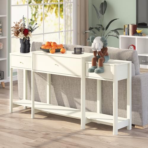 63" Console Table with Drawer, Marble Texture Top Sideboard with Open Bottom Shelf U354