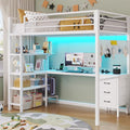 Twin Metal Loft Bed with L-Shaped Desk, LED Lights, Charging Station, Fabric Drawers & Shelves, White O61100