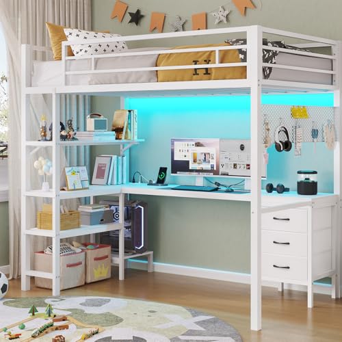 Twin Metal Loft Bed with L-Shaped Desk, LED Lights, Charging Station, Fabric Drawers & Shelves, White O61100