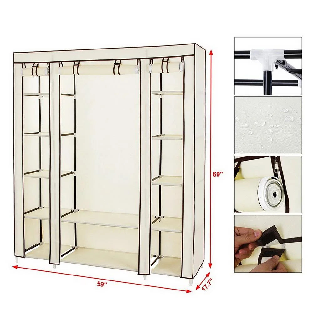69" Portable Heavy Duty Clothes Closet Wardrobe Storage Organizer V9456