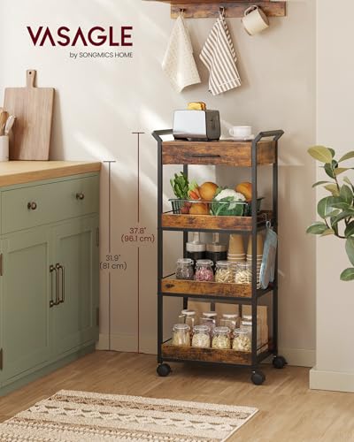 4-Tier Rolling Utility Cart with Table Top, Handles, Lockable Casters, Top Drawer, Mesh Shelves, Rustic Brown and Ink Black L185