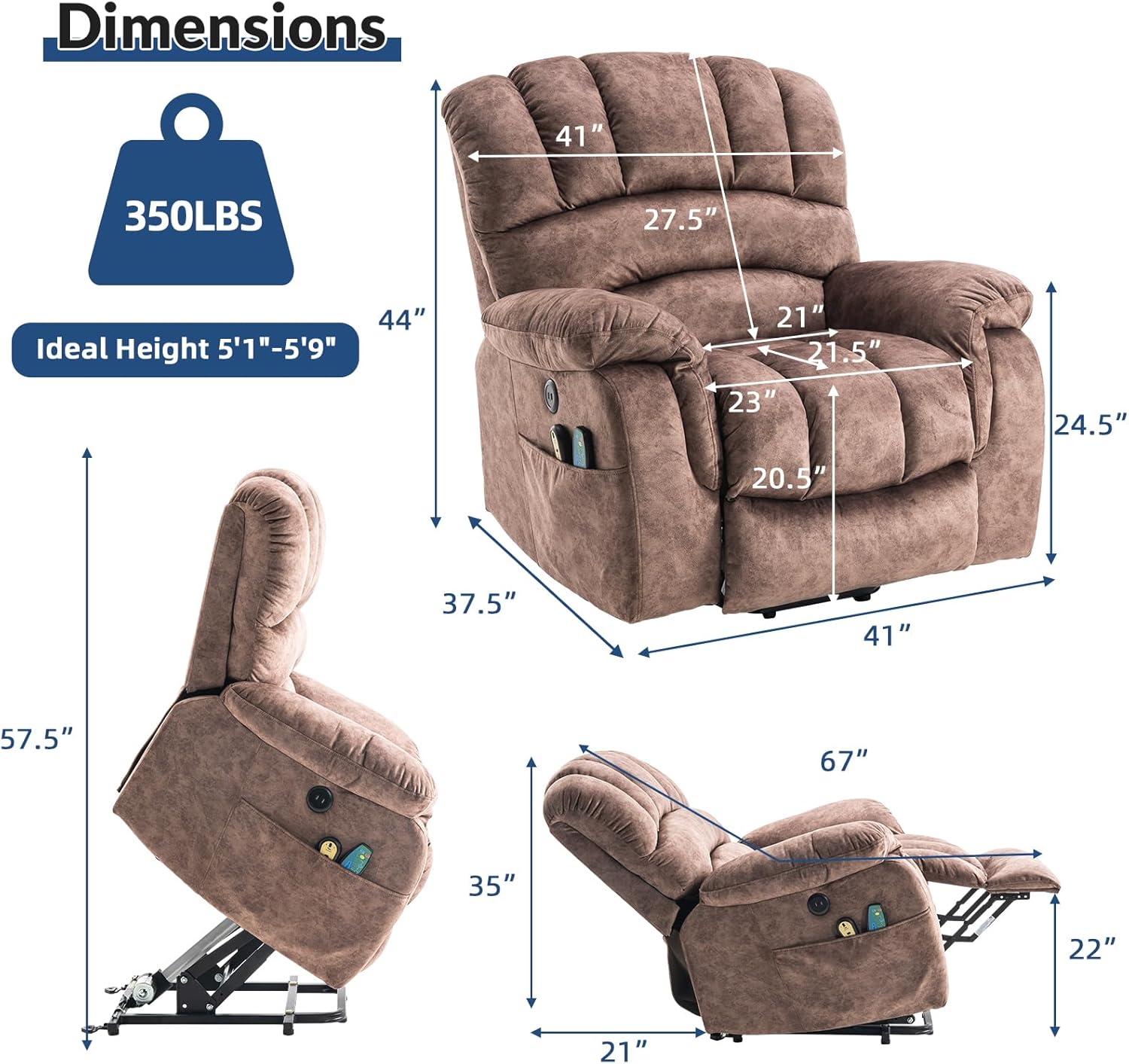 Large Electric Power Lift Recliner Chair, Heated Massage Motorized Reclining Sofa, Brown K129