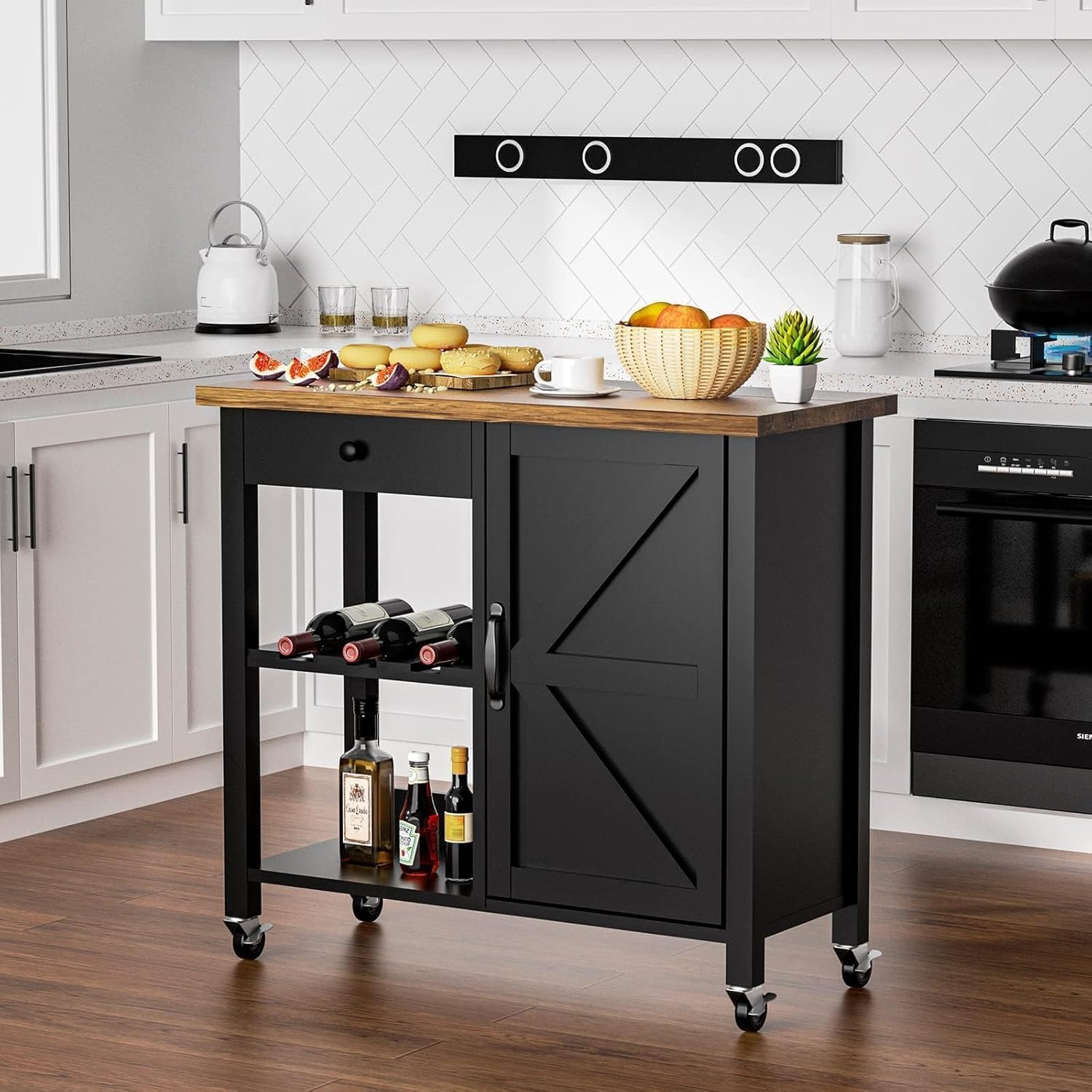Black Wood Coffee Bar Cart with Storage Cabinet and Adjustable Shelves C3306