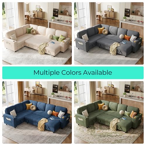 Grey Corduroy Sectional Sleeper Sofa with Pull Out Bed and Storage Chaise S505934