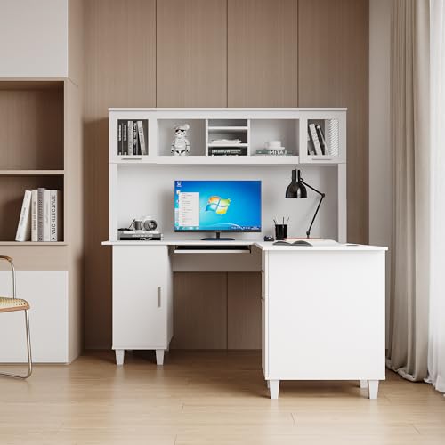 White Desk with Storage 2-Tier Open Shelves 1 Drawers and 1 Cabinet I7086