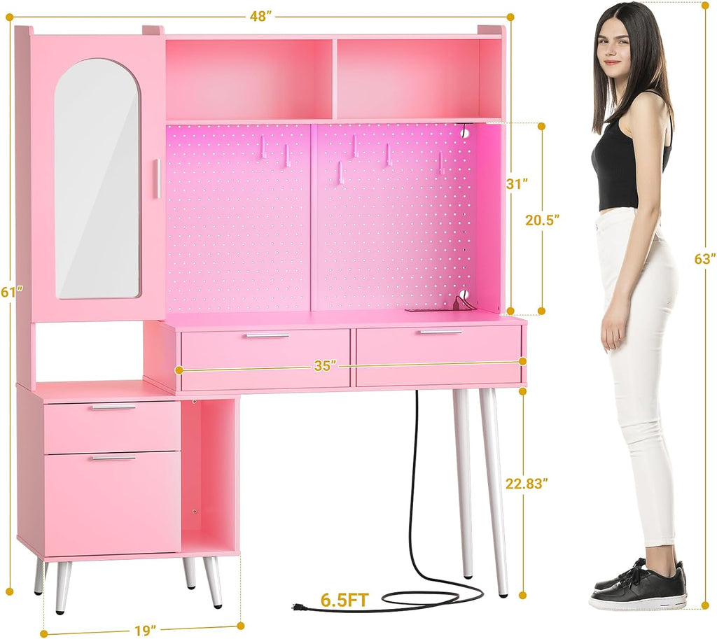 48 Inch Pink Vanity Desk with Mirror, LED Light, Charging Station, Drawers, Cabinet, Pegboard, Shelves, Storage Hutch A1405