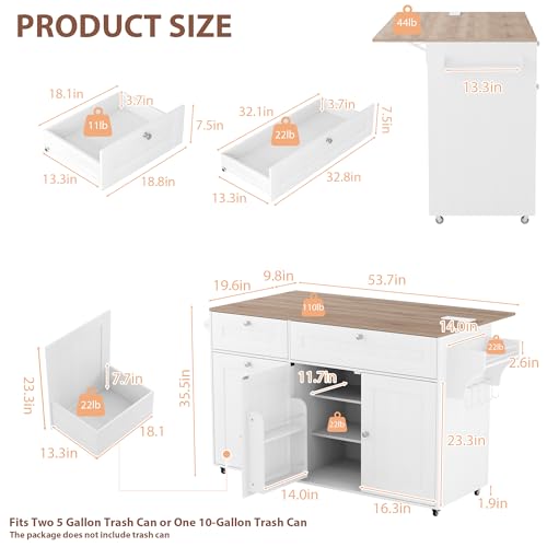 White Rolling Kitchen Island with Drop Leaf and Power Outlet Y441