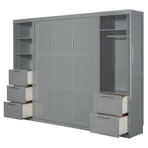 White Queen Size Murphy Bed with Closet and Drawers Y83470