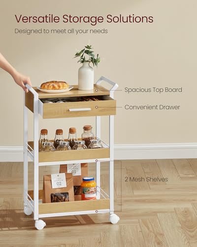 4-Tier Rolling Utility Cart with Table Top, Handles, Lockable Casters, Top Drawer, Mesh Shelves, Rustic Brown and Ink Black L185