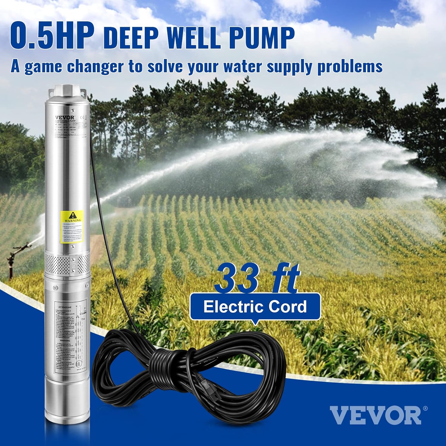 1HP 37gpm 207ft 0.5HP 28gpm 167ft Head 4" Stainless Steel Submersible Pump R724