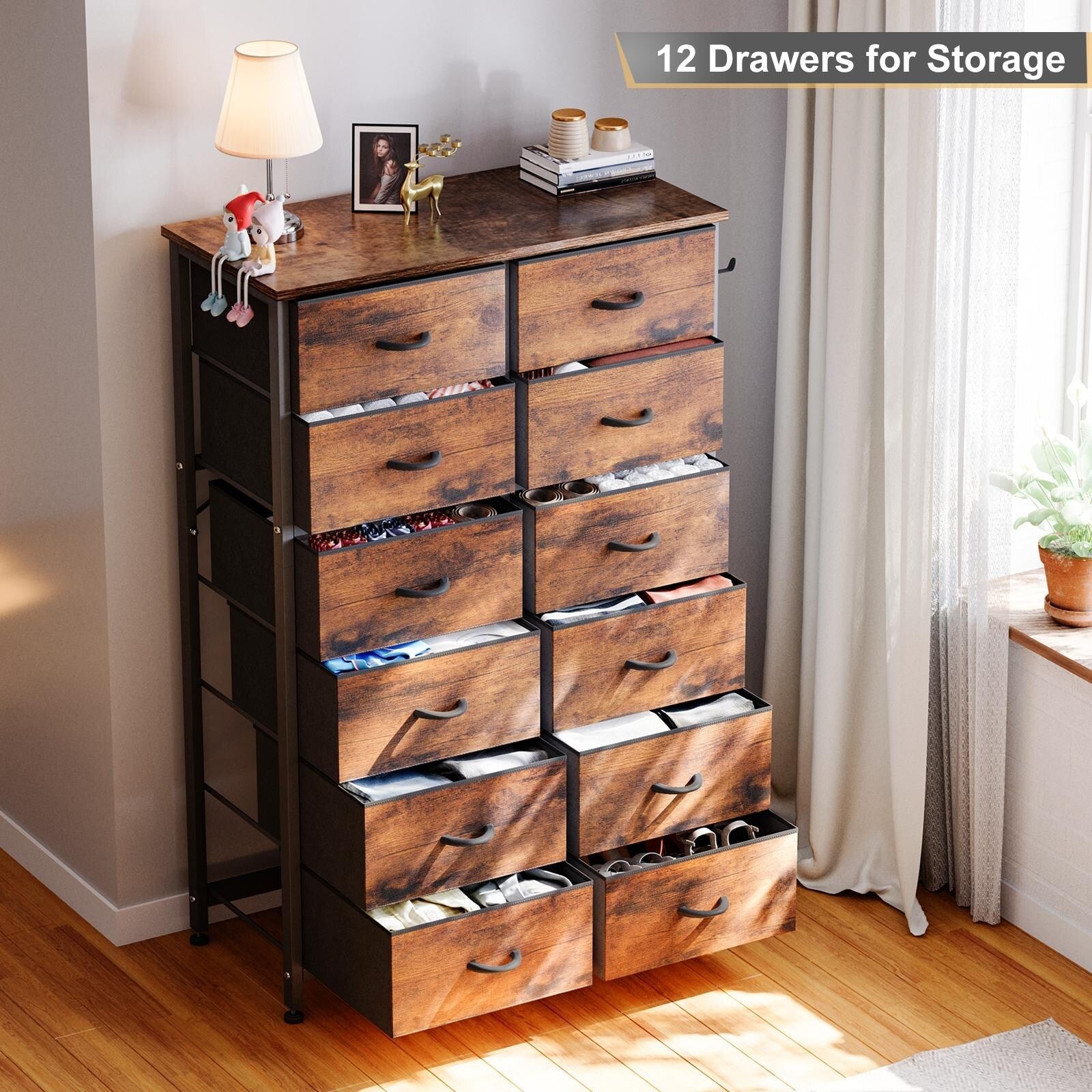 12 Drawer Tall Fabric Dresser Rustic Brown F733