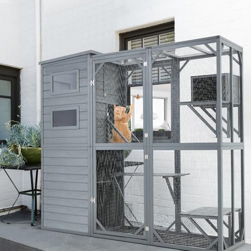 Large 4 Tiers Cat Enclosure with Weatherproof Roof, Grey Green K4460