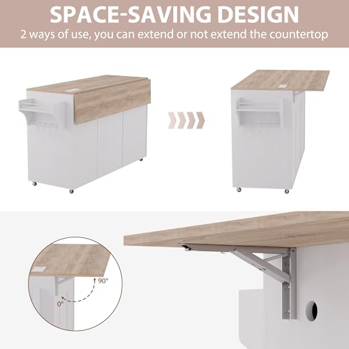 White Rolling Kitchen Island with Drop Leaf and Power Outlet Y441