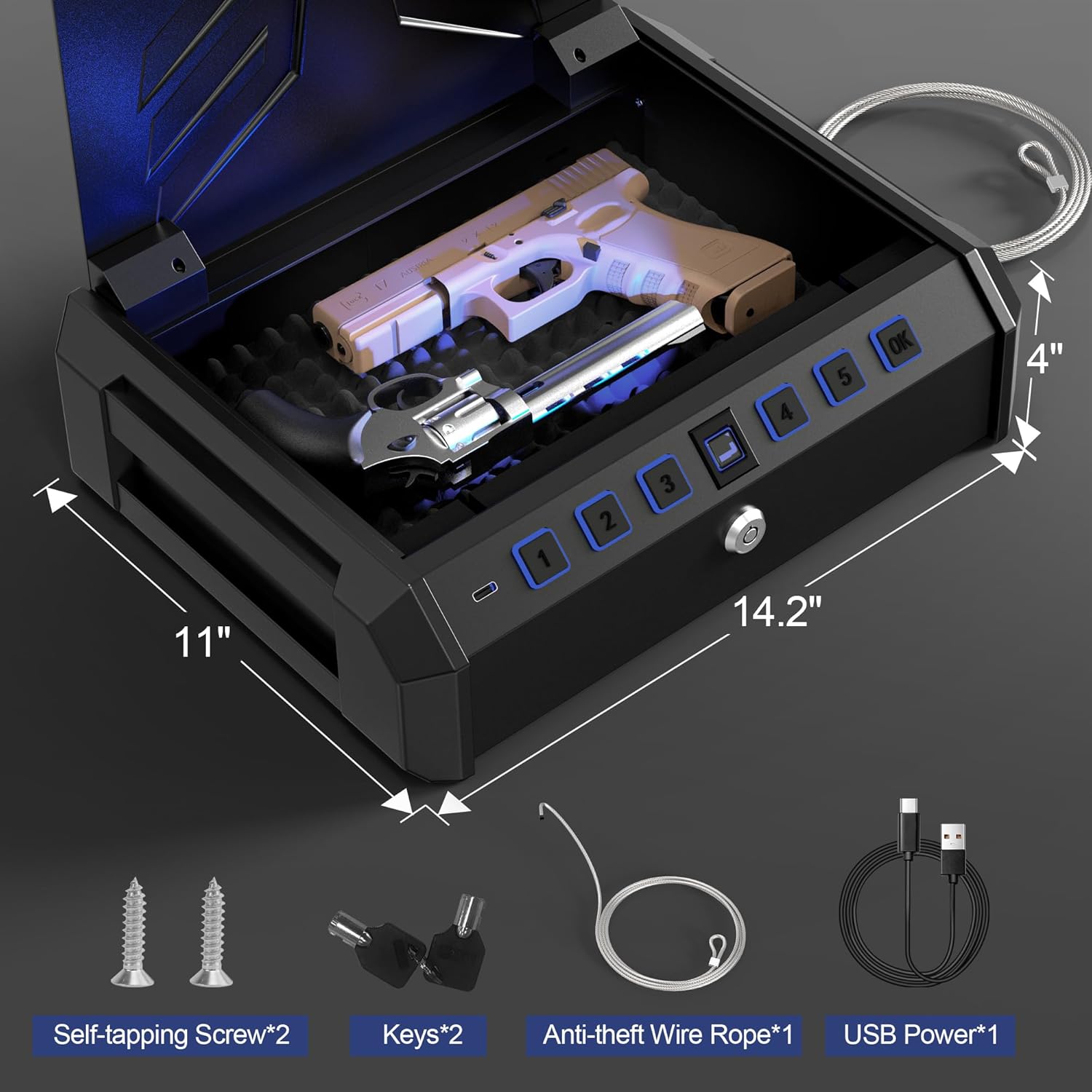 All Metal Quick-Access Pistol Safe with Fingerprint Lock and Key Pad Y4944
