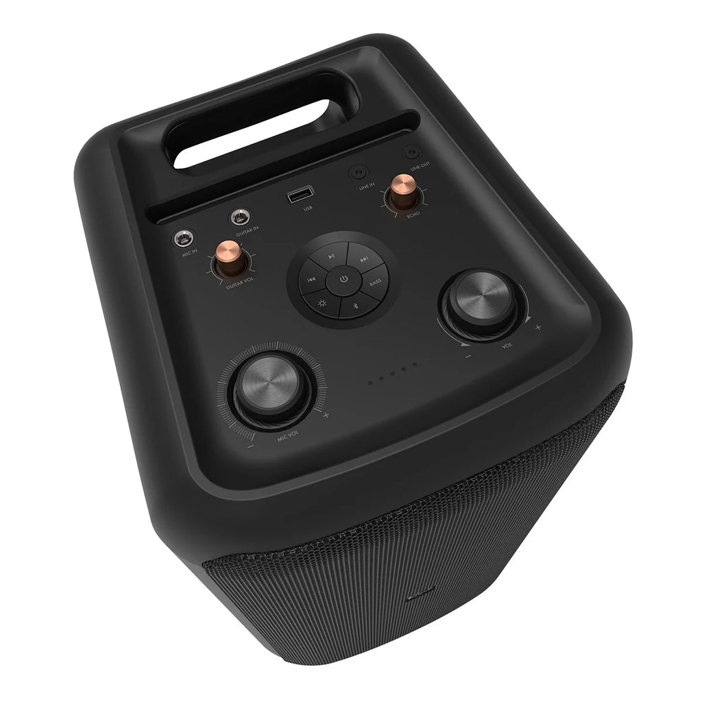 Bluetooth Wireless Party Speaker with Wired Microphone, RGB Lighting, Guitar Input, IPX4 Splash Resistance R821774
