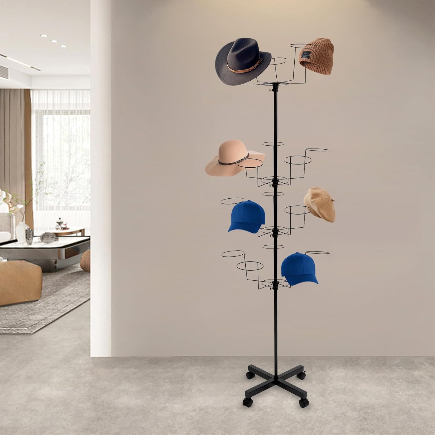 7 Tier Rotating Hat Display Stand with 4 Wheels, Adjustable Metal Hat Stand, 35 Metal Hooks, Black P438591