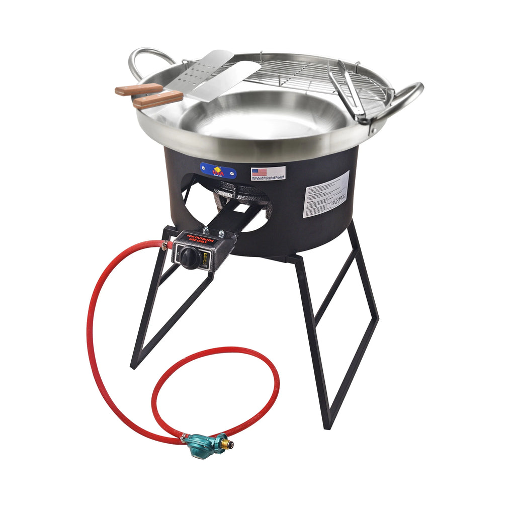 23" Heavy Duty Stainless Steel Concave Comal Set With Cast Iron Propane Burner Stove and Burner Stand W424
