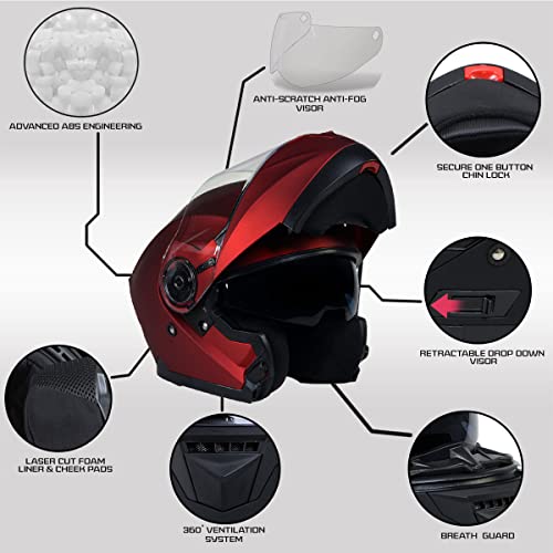 Red Advanced Motorcycle Modular Helmet with Drop Down Visor - Large E580624