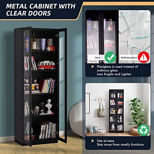 Black Metal 2 Door Glass Curio Cabinet with Adjustable Shelves 5 Tier Bookcase F79649