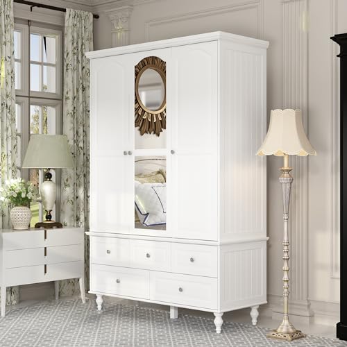 White 3 Door Wardrobe with Mirror and 5 Drawers R526953