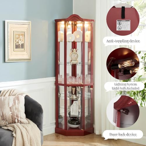 Cherry Glass Corner Curio Cabinet with 4 Adjustable Glass Shelves G400