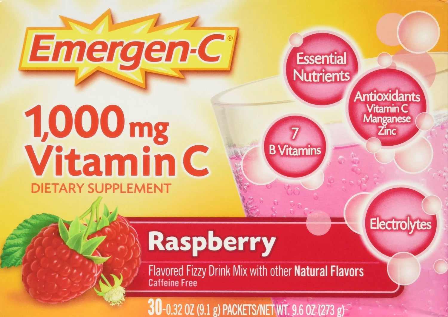 4 Pack 1000 mg Vitamin C Flavored Fizzy Drink 30 Pack Raspberry 30 ea O570822