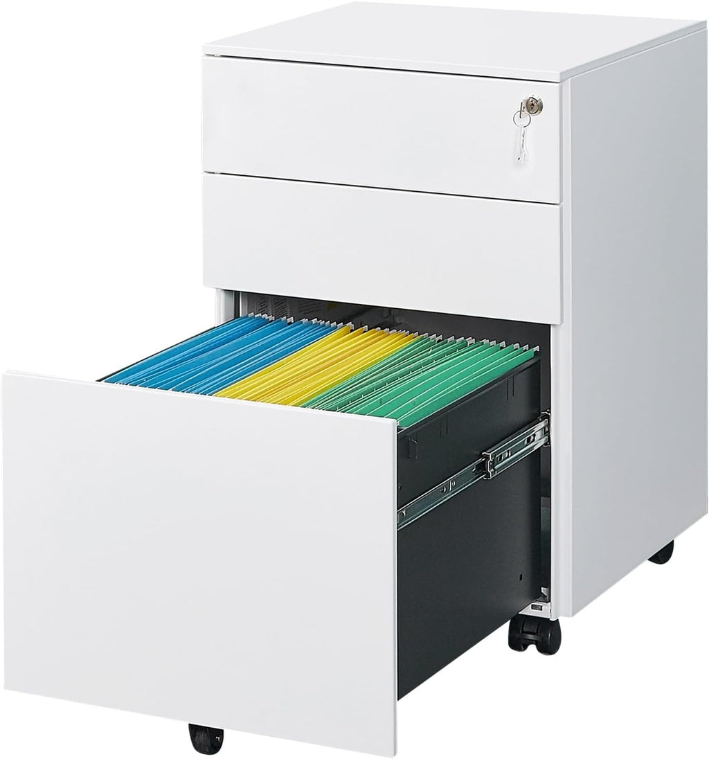 White 3 Drawer Steel Mobile File Cabinet with Lock H49373