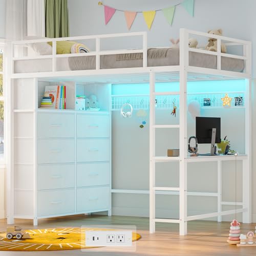 Twin Size Metal Loft Bed with Desk and 8 Storage Drawers, White H9393