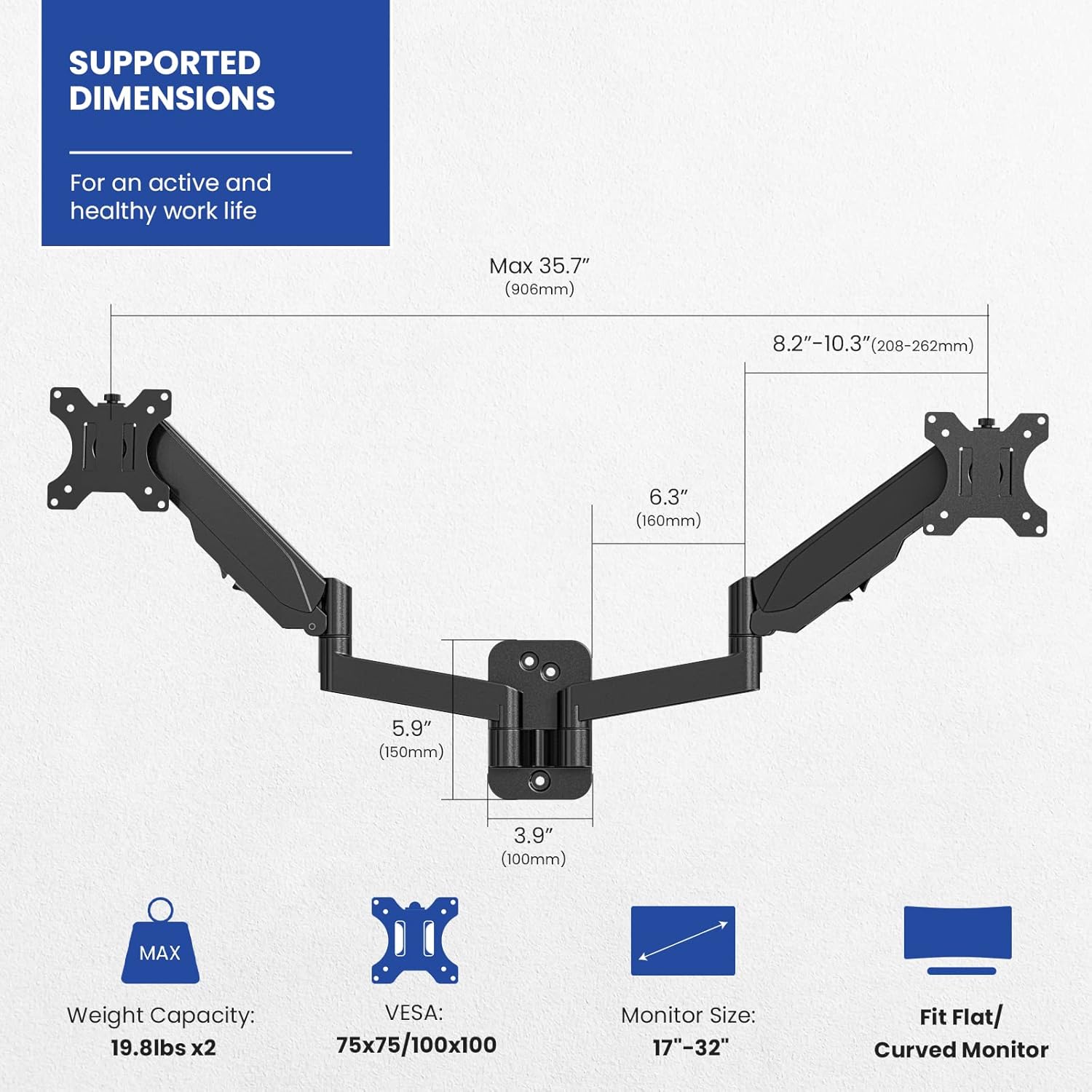 Black Gas Spring Dual Monitor Wall Mount for 17 to 32 inch Screens J346