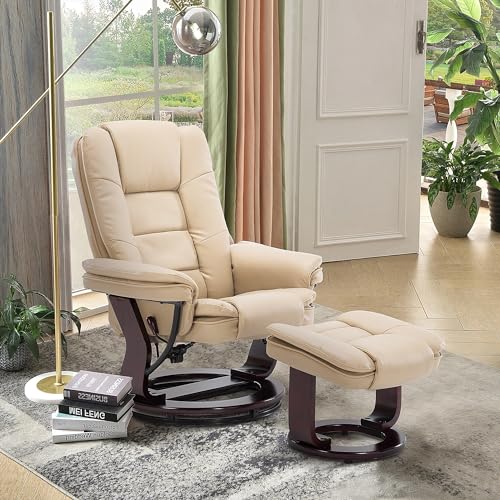 Beige Leather Swivel Recliner Chair with Ottoman T38279
