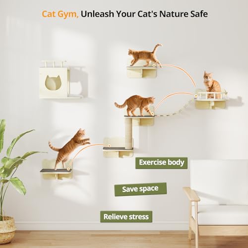 Wooden Wall-Mounted Cat Shelves with Scratching Post O719081