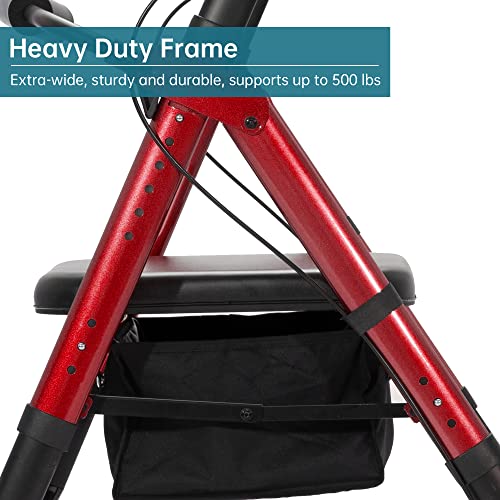 Heavy Duty All-Terrain Rollator Walker with Extra Wide Padded Seat and Backrest, 10" Non-Pneumatic Wheels, Red O17745