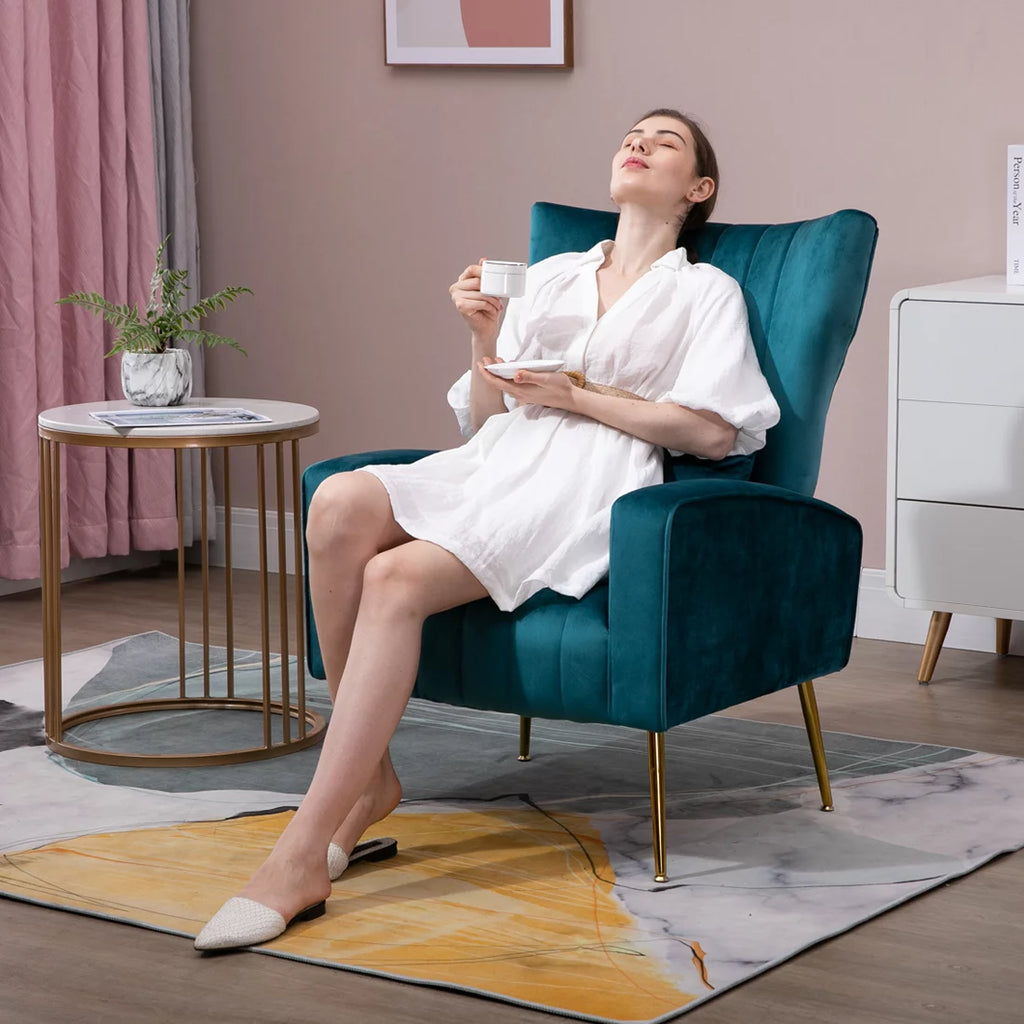 Blue Teal Velvet Accent Chair Set of 2 with Lumbar Pillow K6837