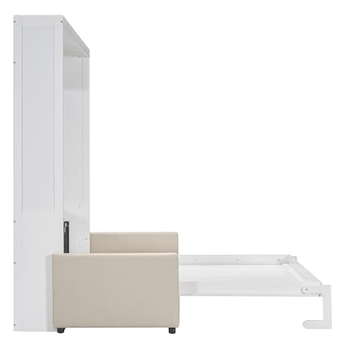 White Queen Size Wooden Murphy Bed with Cushion and Sofa Q89833